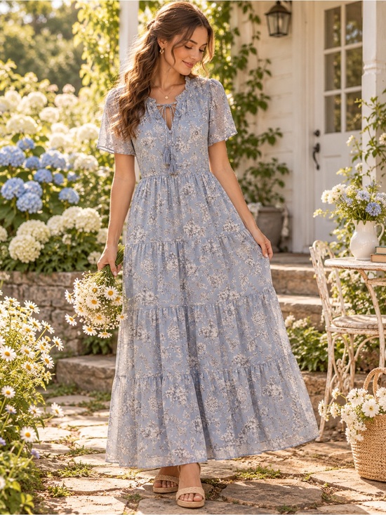 Polagram Dresses & Skirts - Polagram Blue Floral Tiered Maxi Dress Size Small Cottagecore Boho